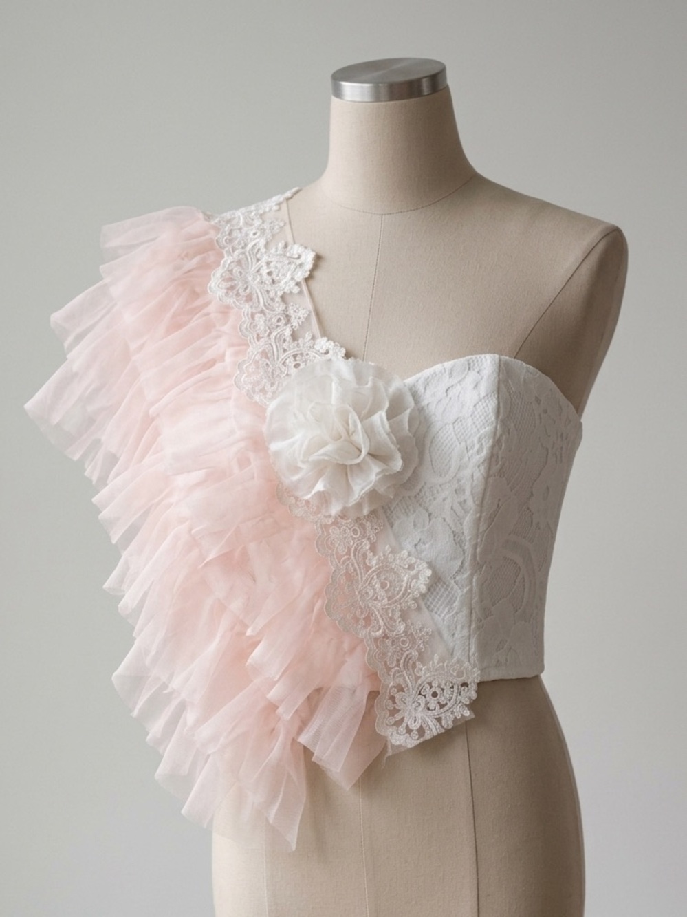 Elegant One-Shoulder Lace Bustier with Pink Tulle Ruffles NWOT